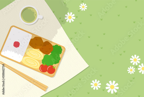 vector background with a Japanese bento box, a pair of chopsticks, a cup of tea and a lunch cloth on a green field for banners, cards, flyers, social media wallpapers, etc.