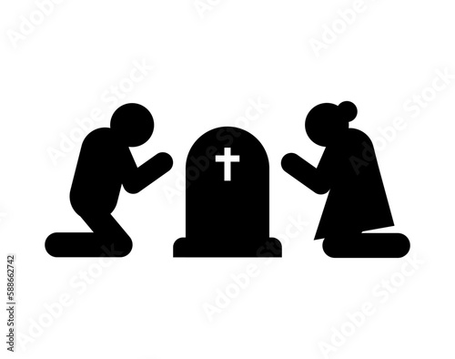 Parents at child's grave. Funeral and deceased. concept of sadness and suffering