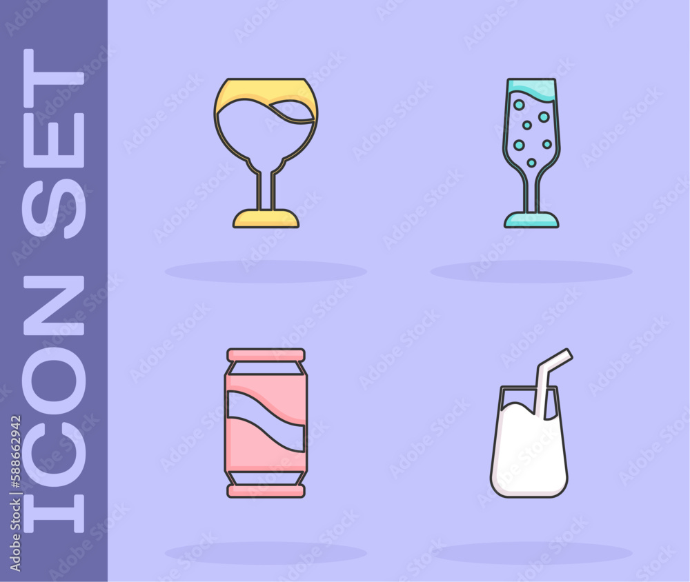 Set Cocktail, Wine glass, Beer can and Glass of champagne icon. Vector Set Cocktail, Wine glass, Beer can and Glass of champagne icon. Vector