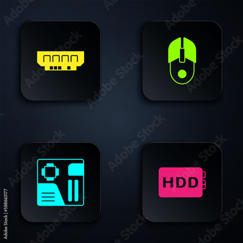 Set Hard disk drive HDD, RAM, random access memory, Motherboard digital chip and Computer mouse. Black square button. Vector
