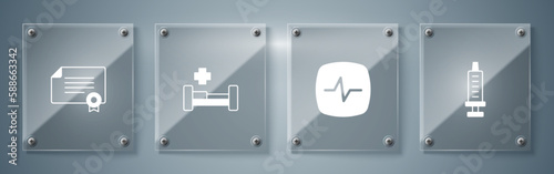 Set Syringe, Heart rate, Hospital bed and Certificate template. Square glass panels. Vector