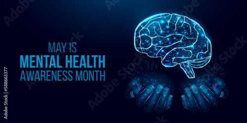 Mental health awareness month concept.Two human hands are holds green ribbon awareness. Abstract vector illustration on dark blue background