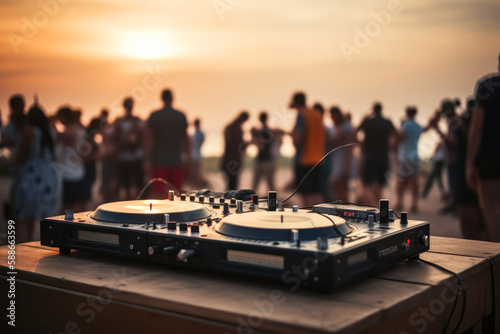 beautiful dj turntable on a background on tropical beach, Outdoor night beach music party. ai generative