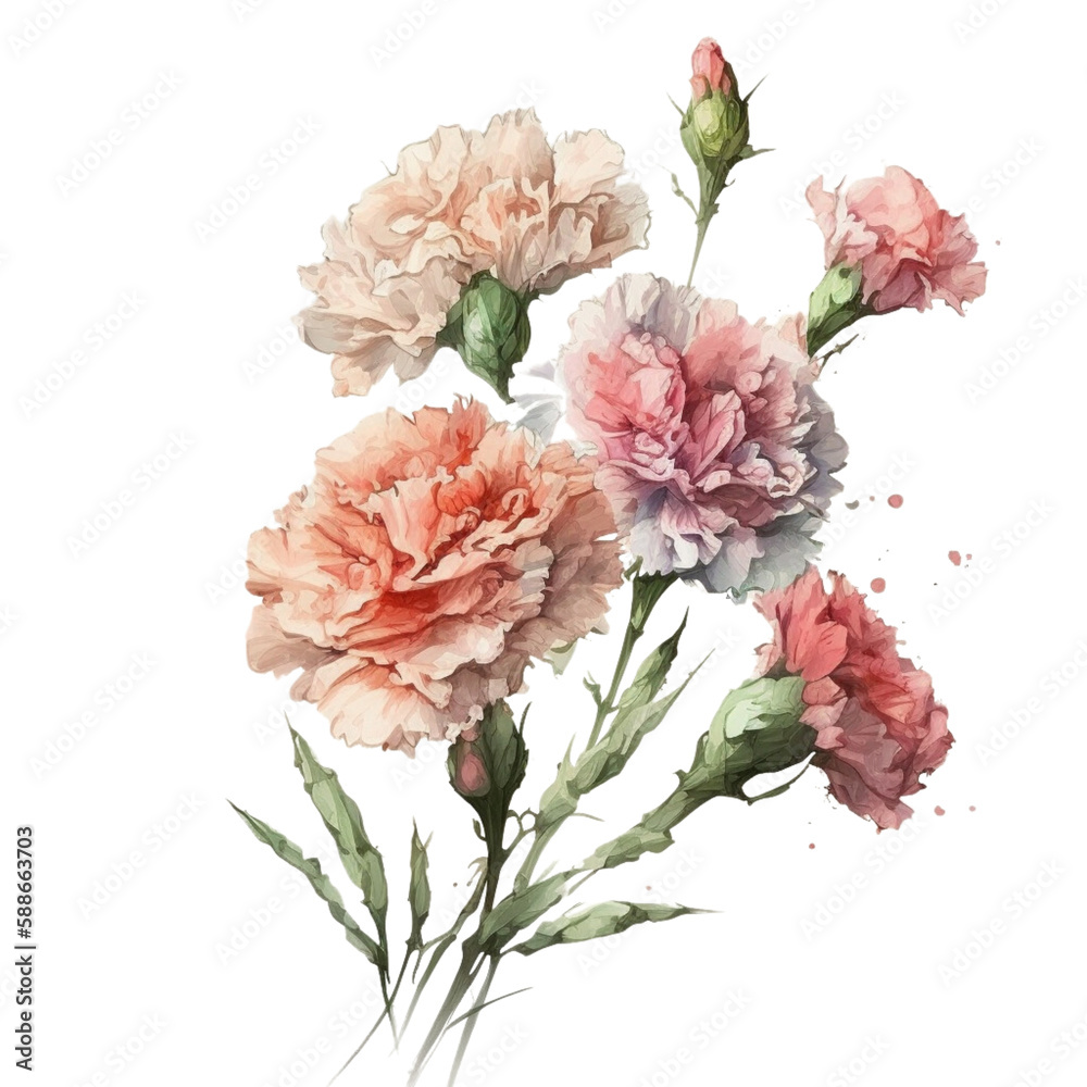 Mother's Day Carnation Blush Pink Pastel Flower Bouquet Watercolor Art Illustration Generative AI Mother's Day Carnation Blush Pink Pastel Flower Bouquet Watercolor Art Illustration Generative AI