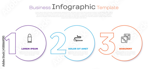 Set line Bullet, Smoking pipe and Game dice. Business infographic template. Vector