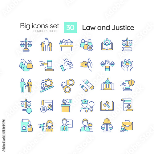 Law and justice RGB color icons set. Human rights protection. Federal regulations and rules. Judgement. Isolated vector illustrations. Simple filled line drawings collection. Editable stroke