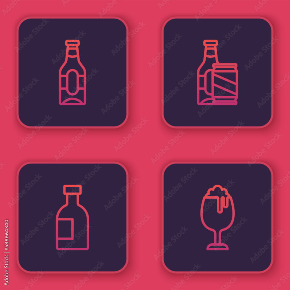 Set line Beer bottle, Glass of vodka, and beer can and . Blue square button. Vector Set line Beer bottle, Glass of vodka, and beer can and . Blue square button. Vector