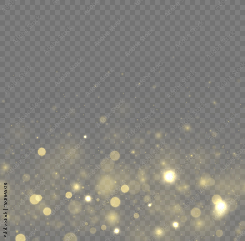 Golden dust light png. Christmas glowing bokeh confetti and sparkle overlay texture for your design. Yellow dust, sparks, stars shine with a special lights. Gold particles abstract vector background. - obrazy, fototapety, plakaty 