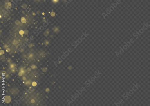 Golden dust light png. Christmas glowing bokeh confetti and sparkle overlay texture for your design. Yellow dust, sparks, stars shine with a special lights. Gold particles abstract vector background.