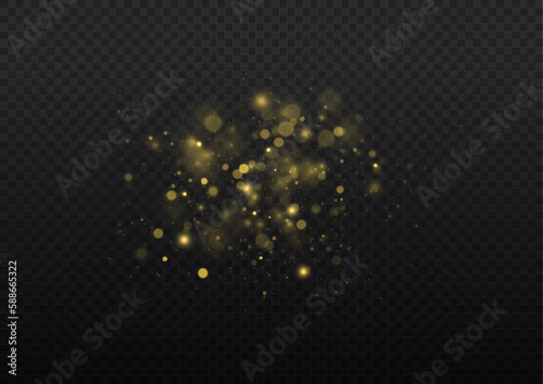 Golden dust light png. Christmas glowing bokeh confetti and sparkle overlay texture for your design. Yellow dust, sparks, stars shine with a special lights. Gold particles abstract vector background.