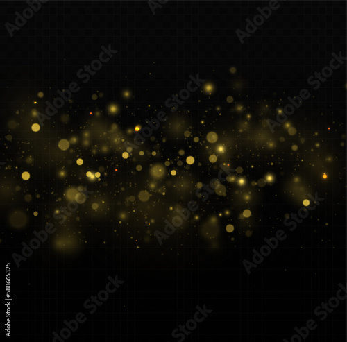 Golden dust light png. Christmas glowing bokeh confetti and sparkle overlay texture for your design. Yellow dust, sparks, stars shine with a special lights. Gold particles abstract vector background.