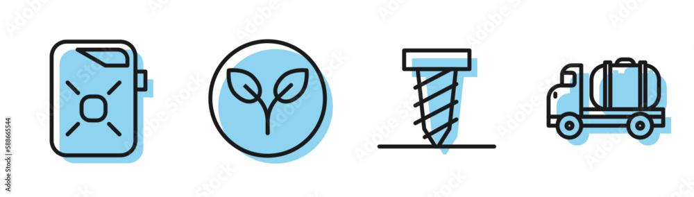 Set line Rotating drill digging a hole, Canister for motor oil, Bio fuel and Tanker truck icon. Vector Set line Rotating drill digging a hole, Canister for motor oil, Bio fuel and Tanker truck icon. Vector