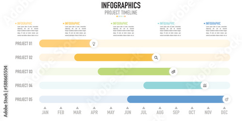 Project timeline infographic for business planner as vector with 5 projects and colorful level bar and icons, 12 months for annually or yearly, for slide or presentation, modern, minimal, gantt charts