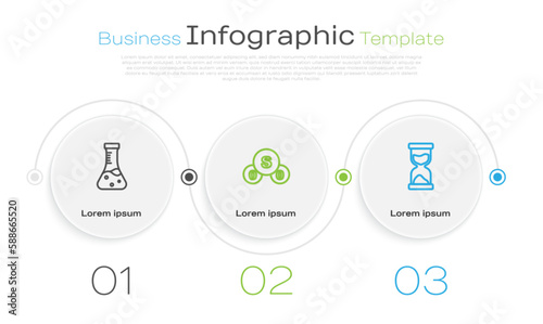 Set line Test tube, Sulfur dioxide SO2 and Old hourglass. Business infographic template. Vector