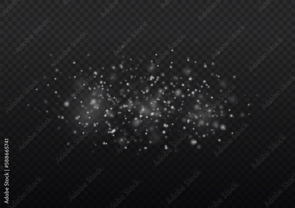 White png dust light. Bokeh light lights effect background. Christmas background of shining dust Christmas glowing light bokeh confetti and spark overlay texture for your design.