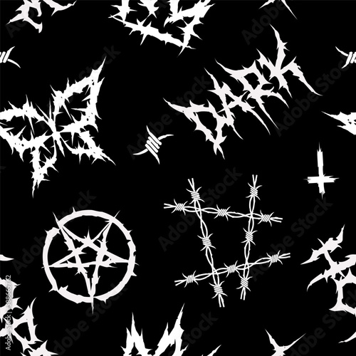 Grunge gothic punk Y2k vector seamless pattern.  Gothic Punk elements with butterfly and Wire Barb, typographic. Hand drawn doodle style pattern. Punk Rock and Dead Metal elemets for tee print design