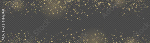 Gold particles abstract background with shining golden Floating Dust Particles Flare Bokeh star on Black Background. 