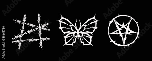 Gothic Punk Y2k prints vector collection. Dark Metal or Punk Rock Gothic prints and tattoo designs of barbed wire, demon butterfly, inverted star pictogram of the devil. Screen printing template