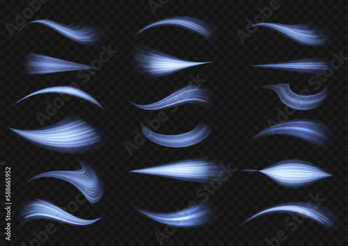 Blue wind waves effect. Abstract light motion trails with sparkles isolated on black background.