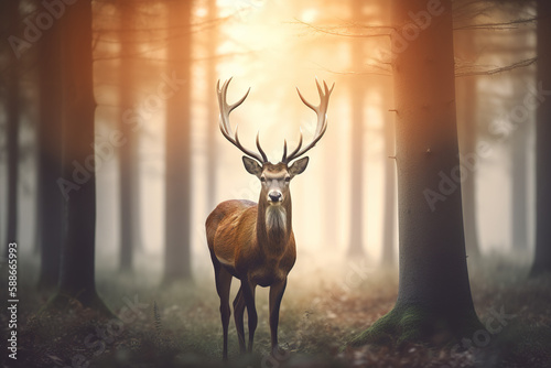 A majestic deer with antlers standing proudly in the forest at dawn. Created with Generative AI Technology