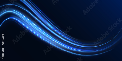 Blue wind waves effect. Abstract light motion trails with sparkles isolated on black background.