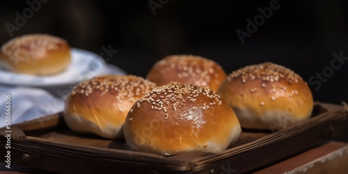 Freshly baked buns with a golden-brown crust and sesame seeds, placed neatly in a wooden tray with a contrasting dark background.