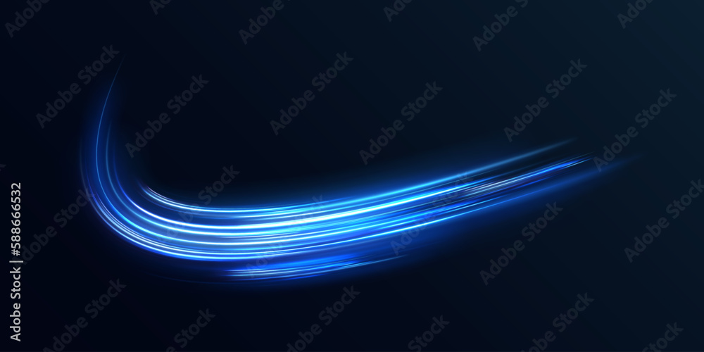 Blue glowing shiny lines effect vector background. Luminous white lines of speed. Light glowing effect. Light trail wave, fire path trace line and incandescence curve twirl.