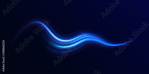 Blue glowing shiny lines effect vector background. Luminous white lines of speed. Light glowing effect. Light trail wave, fire path trace line and incandescence curve twirl.
