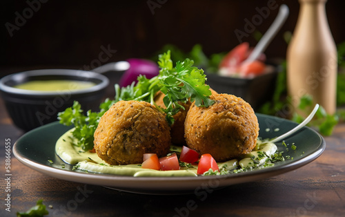 Two crispy falafel balls placed on a swirl of creamy sauce, accompanied by diced tomatoes and parsley, all set on a ceramic plate.