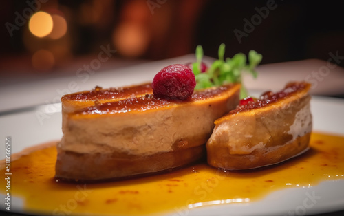 Close-up of sliced foie gras on a white plate with raspberry and sauce, elegantly presented.