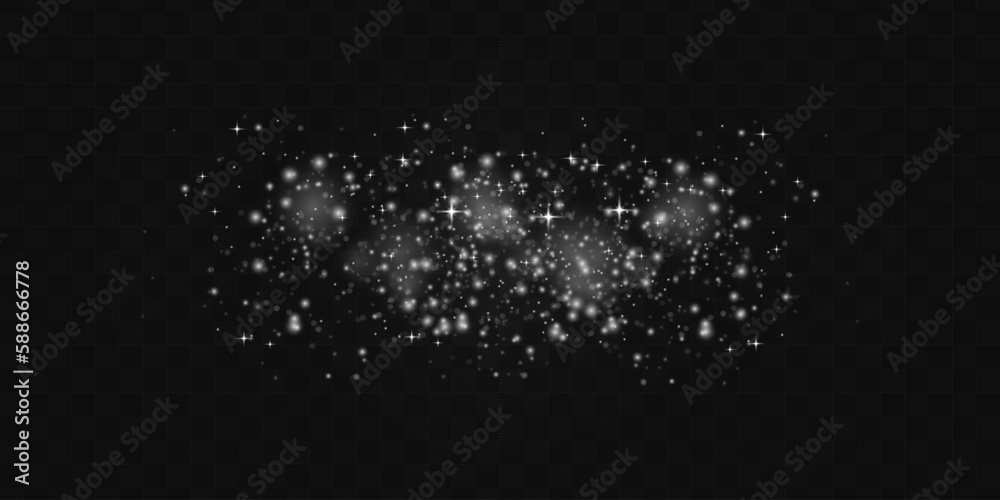 Blurred sparks, glitter snow flakes special light effect. Defocused silver dust. Fine, shiny dust particles fall off slightly. Blur sparkle lights, stars and bokeh. White sparks and flares. Vector.