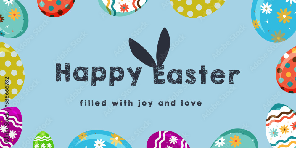 Easter poster and banner template with Easter eggs. Holiday banner, web poster, flyer, stylish brochure, greeting card, cover. Spring Easter background