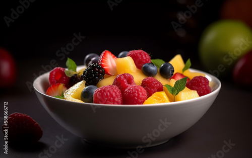Fresh mixed fruit bowl containing raspberries, blueberries, and mango cubes, displayed against a dark setting.