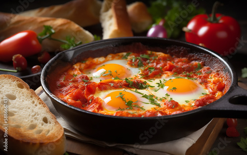 Authentic Shakshuka dish with poached eggs in spicy tomato sauce, garnished with parsley, served in a cast iron skillet. photo