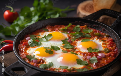 Traditional Shakshuka breakfast meal with fresh herbs, accompanied by sliced bread, in a rustic kitchen setting.