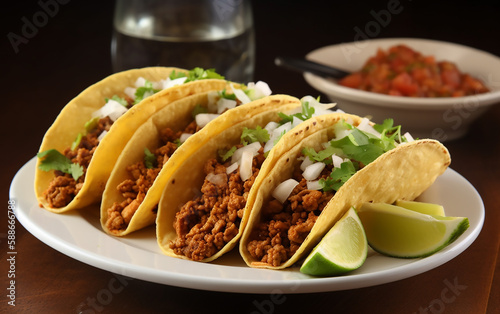 A plate of classic tacos filled with seasoned meat, fresh lettuce, and cheese, accompanied by a side of salsa, ready for a flavorful feast.