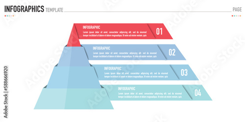 Pyramid or funnel infographic template or element including 4 step, process with colorful rectangle, layer on white background for business, sale, timeline slide or presentation, minimal, modern style