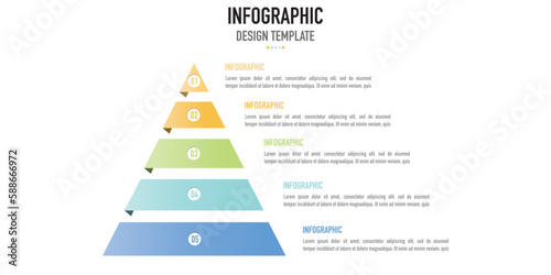 Pyramid, funnel, pipeline infographic template or element as a vector including 5 step, process, with colorful layer and number for slide or presentation, simple, minimal, modern style, timeline, goal