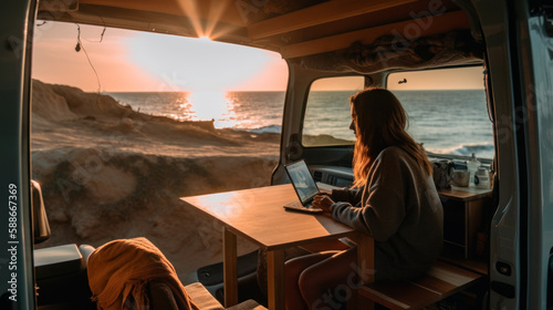 Remote Work from Camper Van at Sunset, Overlooking Seaside View with Laptop, Generative AI photo