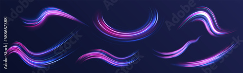 Futuristic neon light line trails. bright sparkling background. Purple glowing wave swirl, impulse cable lines. Long time exposure. Vector