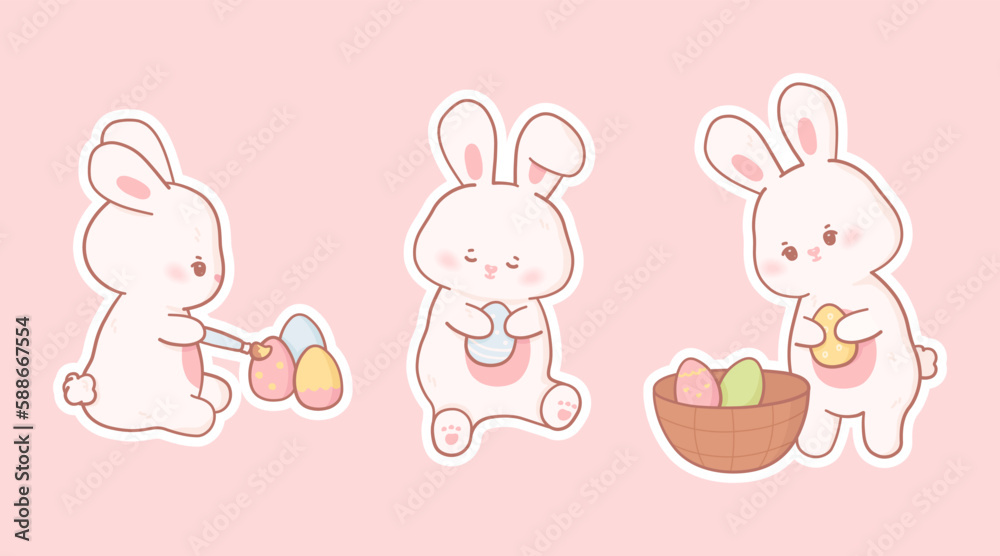 Collection of cartoon Easter bunny stickers in kawaii style and pastel colors. Vector set of cute rabbits in different poses with eggs Collection of cartoon Easter bunny stickers in kawaii style and pastel colors. Vector set of cute rabbits in different poses with eggs