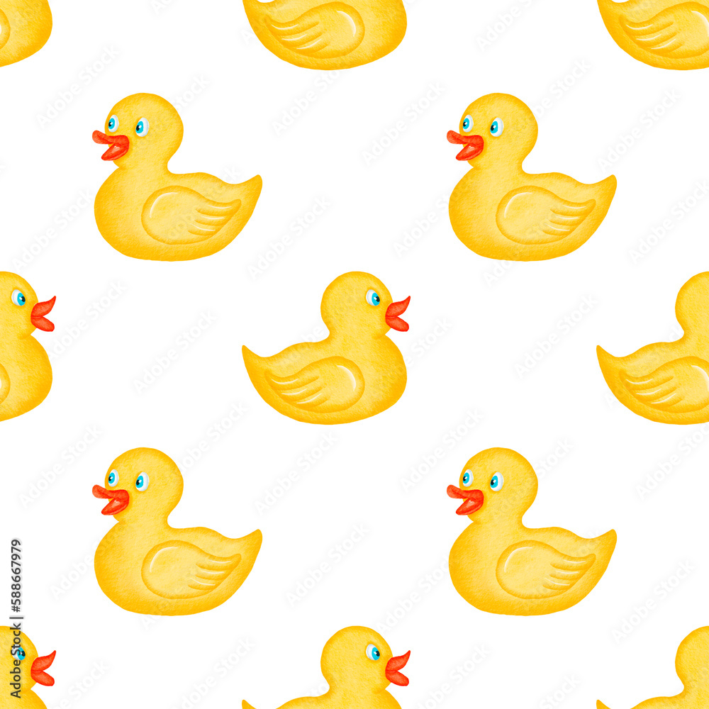 Watercolor seamless pattern (tiled). Yellow duck pattern. Toys. Bath duck background. Design for kids, children, textile, fabric, home decor. Rubber ducks for bath. Painted ornament. Watercolor seamless pattern (tiled). Yellow duck pattern. Toys. Bath duck background. Design for kids, children, textile, fabric, home decor. Rubber ducks for bath. Painted ornament.