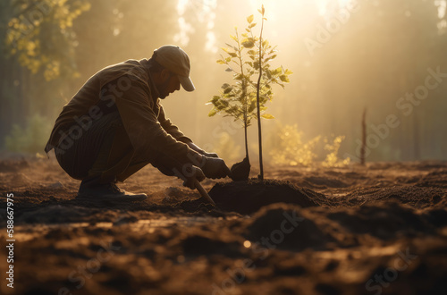 men planting trees in dirt and soil near the sun, ai generative