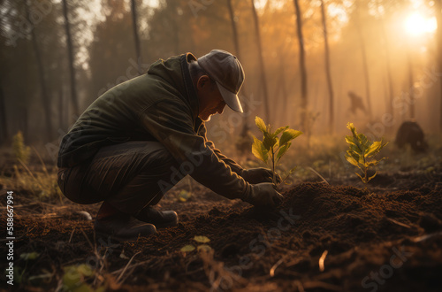 men planting trees in dirt and soil near the sun, ai generative