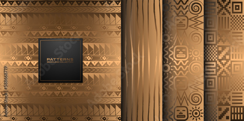 Seamless vector hand drawn golden ethnic pattern set. Abstract gold background. Luxury tribal indian Navajo print collection. Web page fill Aztec seamless native folk wrapping paper texture
