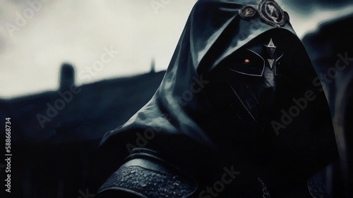 Fotografía Demon with glowing eyes in a black hood