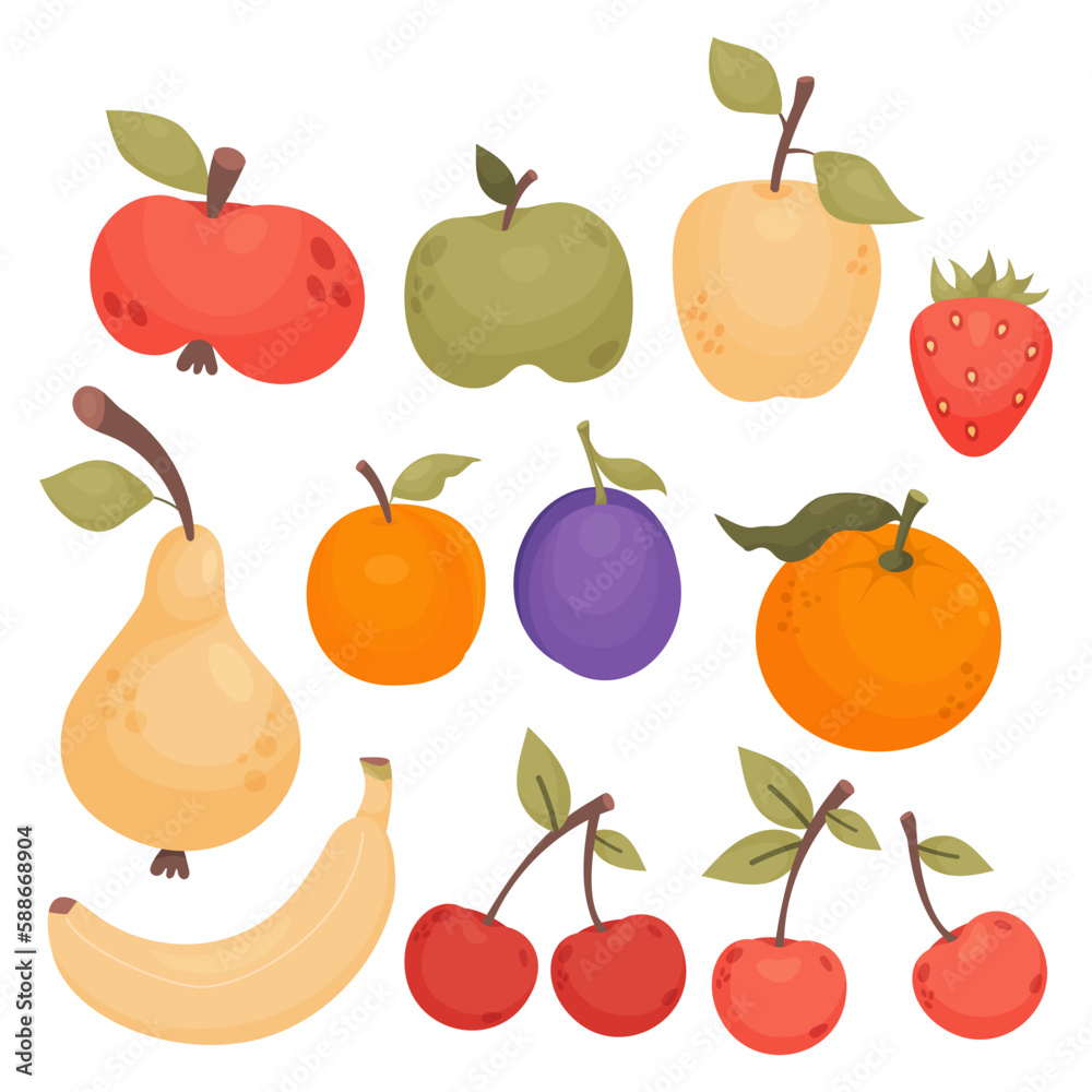 Collection fruits and berries. Apples, pear, strawberry, banana, plum, apricot, cherry and tangerine. Vector illustration. Isolated natural fruits in flat style Collection fruits and berries. Apples, pear, strawberry, banana, plum, apricot, cherry and tangerine. Vector illustration. Isolated natural fruits in flat style