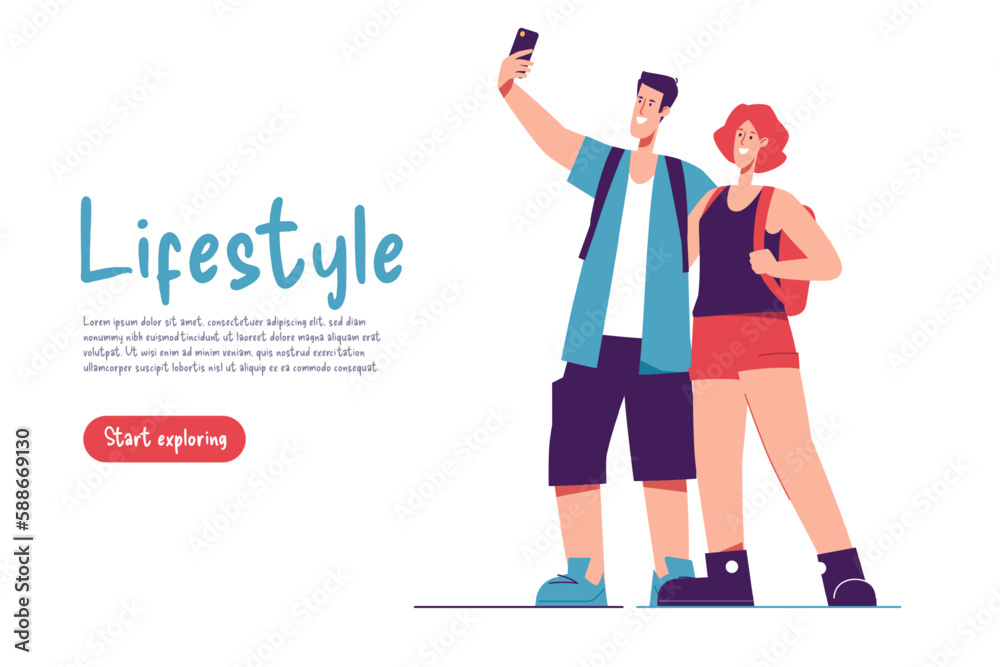 Vector illustration of a couple of tourists travelers with backpacks taking selfie Vector illustration of a couple of tourists travelers with backpacks taking selfie