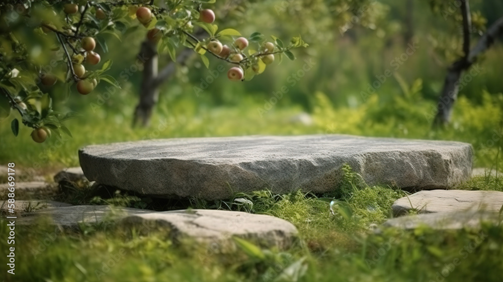stone surface close-up against the background of blossoming apples on a spring sunny day, a meto for a product, a podium or a platform for displaying goods. AI generated stone surface close-up against the background of blossoming apples on a spring sunny day, a meto for a product, a podium or a platform for displaying goods. AI generated