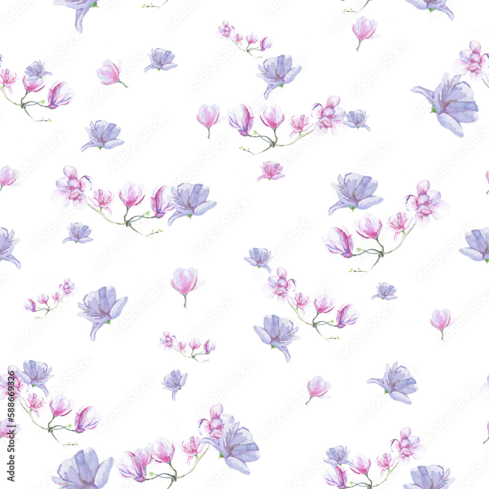 Blossoming magnolia pattern on white background. Watercolor magnolia seamless pattern.